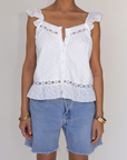white Eyelet woven top
Button down closure
Lace detailing
Flare hem
Partially lined
summer top