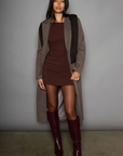 brown Ribbed knit ruched dress. Long sleeves. Unlined. brown mini dress. brown mini long sleeve dress. fall dress. winter dress