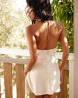 cream Embroidered satin mini dress
Halter neck
Adjustable neck tie
Back zipper closure
Lined
spring summer dress