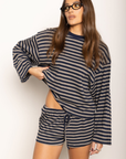 TOP
Striped long sleeve top
Crewneck top
BOTTOM
Striped mini shorts
Elastic waistband
Adjustable drawstring
navy and taupe striped short and long sleeve top
cute lounge wear