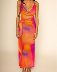 Mesh maxi dress
Cowl neck
Adjustavle crossback straps
Front O ring
Side high slit
Partially lined
sunset colored maxi dress
going out maxi dress
miami maxi dress
