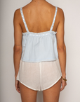 Cropped tank top
Fixed straps
Drawstring neckline
Front button down closures
Crochet trim
Blue crop top
Coquette tank top
Summer tank top