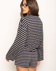 TOP
Striped long sleeve top
Crewneck top
BOTTOM
Striped mini shorts
Elastic waistband
Adjustable drawstring
navy and taupe striped short and long sleeve top
cute lounge wear