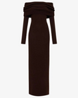 Knit maxi dress. Folded neckline. Long sleeves. Unlined. brown maxi dress. fall dress. fall outfit. off the shoulder maxi dress