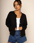 Fuzzy knit cardigan
Crewneck
Front button down closures
Long sleeves
Unlined
black cardigan
black basic cardigan