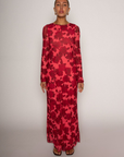 Floral printed knit mesh maxi dress. Long sleeves. Back keyhole with button closure. Fully lined. wedding guest maxi dress. floral maxi dress. red floral maxi dress. sheer maxi dress