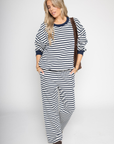white and blue striped lounge sweat set
cute loungewear
fall sweat set
cute sweat set
Striped sweater top
Contract crew neckline and hemline
Unlined
Length: 24.5"
Cotton/Polyester/Spandex
BOTTOM
Striped sweater pants
Elastic waistband
Side pockets
Unlined
Waist: 26" Length: 40.5" Rise: 12"
Cotton/Polyester/Spandex