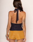 Polka dot halter top
Triangle top
Adjustable neck tie
Unlined
black and white polka dot halter top
summer top
going out top
lucy in the sky