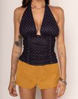 Polka dot halter top
Triangle top
Adjustable neck tie
Unlined
black and white polka dot halter top
summer top
going out top
lucy in the sky