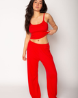 Soft knit pants. Elastic waistband. Unlined. red loungewear pants. soft lounge pants. valentines day outfit. valentines day loungewear