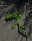 Two strap green heel. Slip on. Square toe. Heel height 4.5".