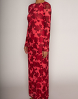 Floral printed knit mesh maxi dress. Long sleeves. Back keyhole with button closure. Fully lined. wedding guest maxi dress. floral maxi dress. red floral maxi dress. sheer maxi dress