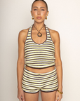 brown and green Striped knit shorts
Elastic waistband
Unlined
summer shorts
spring shorts