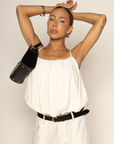 cream Bubble hem tank top
Sleeveless
Straight neckline
Adjustable back tie
Elastic hemline
summer tank top