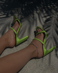 Two strap green heel. Slip on. Square toe. Heel height 4.5".