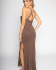 Halter maxi dress
Cowl neck
Adjustable crossover back straps
Waistband detail
Side slit
brown maxi dress
brown fall wedding guest dress
