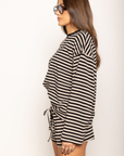 TOP
Striped long sleeve top
Crewneck top
BOTTOM
Striped mini shorts
Elastic waistband
Adjustable drawstring
black and taupe striped short and long sleeve top
cute lounge wear