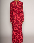 Floral printed knit mesh maxi dress. Long sleeves. Back keyhole with button closure. Fully lined. wedding guest maxi dress. floral maxi dress. red floral maxi dress. sheer maxi dress