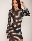 Sheer chiffon polka dot mini dress
Long sleeve
sheer black and white polka dot mini dress