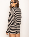 TOP
Striped long sleeve top
Crewneck top
BOTTOM
Striped mini shorts
Elastic waistband
Adjustable drawstring
black and taupe striped short and long sleeve top
cute lounge wear