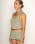 brown and green Striped knit shorts
Elastic waistband
Unlined
summer shorts
spring shorts