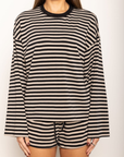 TOP
Striped long sleeve top
Crewneck top
BOTTOM
Striped mini shorts
Elastic waistband
Adjustable drawstring
black and taupe striped short and long sleeve top
cute lounge wear