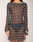 Sheer chiffon polka dot mini dress
Long sleeve
sheer black and white polka dot mini dress