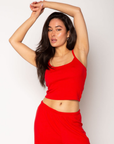 Knit crop tank. Adjustable straps. Built in bra. red cami tank. red lounge tank. red loungewear top. valentines day loungewear