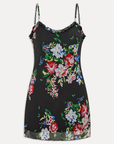 Floral mini dress
Low back
Ruffle trim
Chiffon fabric
Slip on style
Adjustable shoulder straps
Fully lined for coverage
Polyester