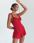 red Polka dot mini dress
Ruffle trim
Semi-sheer coverage
Double lining in the bust
Made from Italian mesh soul eco
