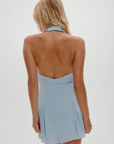 blue Chiffon halter mini dress
Tie at bust
Halter neckline with adjustable buttons
Button down closure
Lapel transforms into a tie detail at the bust
Side zipper closure
Polyester
babydoll dress
