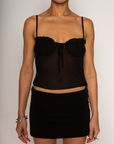 Sheer cami tank top
Adjustable straps
Faux front tie
Ruffle detailing
Side zipper
Unlined/sheer
black sheer tank top
going out top
going out outfit