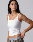Ribbed knit tank top. Elastic neckline. Unlined. Basic tank top. white tank top. basic white tank top