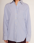 blue and white Striped oversized button down shirt
Collared
Front chest pocket
Long sleeve
Button down closure
Unlined
