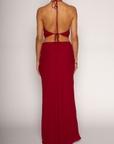 Halter crop top. Adjustable neck and back tie strap. Cowl neck. Partially lined. Maxi skirt. Hidden side zipper. Lined. red skirt set. cherry red skirt set. going out set. nice dinner set. summer outfit. spring outfit.