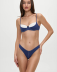 Denim underwire layered bikini top
Adjustable straps
Metal heart detail
Back tie string