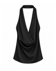 black Chiffon halter top
Cowl neck
Side zipper closure
Adjustable back tie
Unlined/Sheer