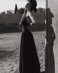 Woven maxi dress. Adjustable crisscross back straps. Back hook and eye and zipper closures. Fully lined. black maxi dress. country outfit. country dress. western outfit. western dress.