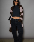 Striped open knit crochet longline cardigan. Long sleeves. Open front. Unlined. striped long knit cardigan. fall outfit. winter outfit. fall cardigan. winter cardigan. layering piece