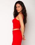 Knit crop tank. Adjustable straps. Built in bra. red cami tank. red lounge tank. red loungewear top. valentines day loungewear