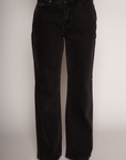 Relaxed fit straight leg jeans. Mid rise. Button and zipper fly. Five pocket construction. Unlined. black denim jeans.