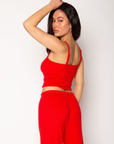 Knit crop tank. Adjustable straps. Built in bra. red cami tank. red lounge tank. red loungewear top. valentines day loungewear