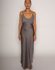grey Satin maxi dress
Floral embroidered mesh bust
Adjustable straps
Side hook and eye and zipper closures
Unlined