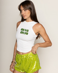 green Sequin mini shorts
Elastic waistband
Lined