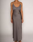 grey Satin maxi dress
Floral embroidered mesh bust
Adjustable straps
Side hook and eye and zipper closures
Unlined