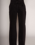 Relaxed fit straight leg jeans. Mid rise. Button and zipper fly. Five pocket construction. Unlined. black denim jeans.
