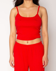 Knit crop tank. Adjustable straps. Built in bra. red cami tank. red lounge tank. red loungewear top. valentines day loungewear