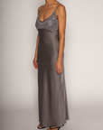 grey Satin maxi dress
Floral embroidered mesh bust
Adjustable straps
Side hook and eye and zipper closures
Unlined