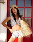 TOP
Gingham and cherry printed crop top
Sleeveless
Upside down U hem
Unlined
Nylon/Spandex
BOTTOM
Gingham and cherry printed boxer short
Mini short
Has stretch
Lace trimmed
Nylon/Spandex