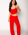 Knit crop tank. Adjustable straps. Built in bra. red cami tank. red lounge tank. red loungewear top. valentines day loungewear